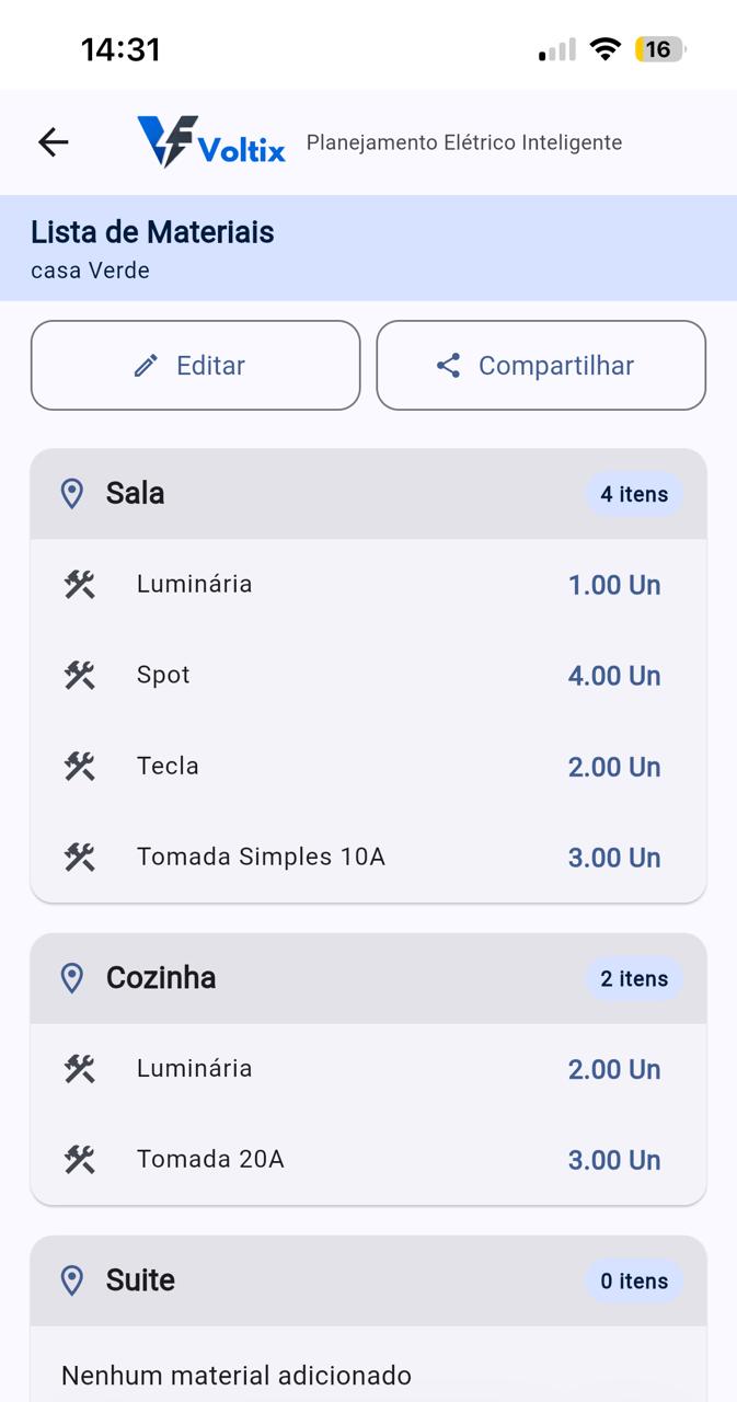 App Voltix - Lista de materiais por cômodo